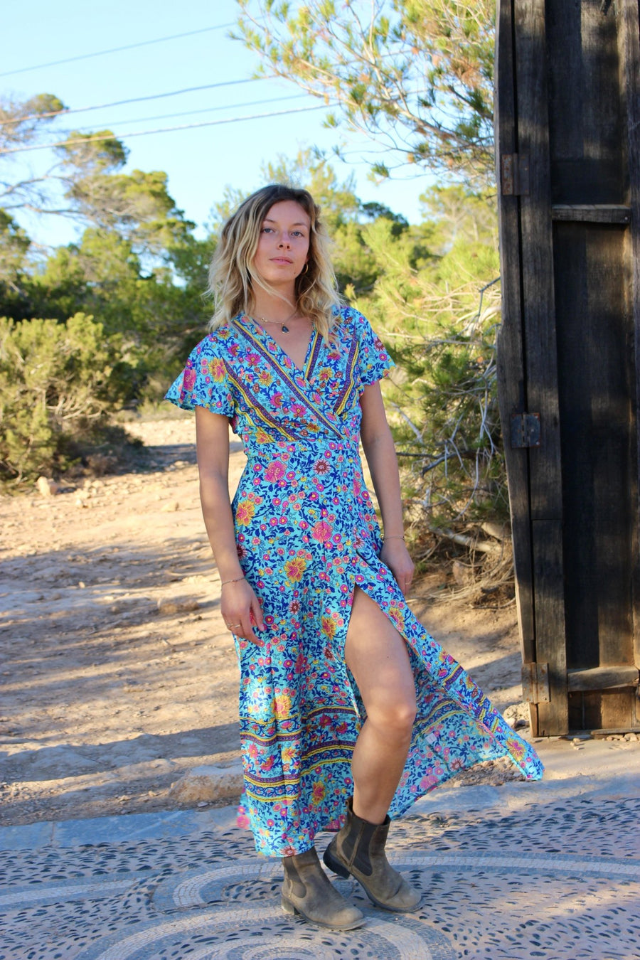 Wrap dress maxi long in sexy turquoise blue flower print – AUROBELLE IBIZA